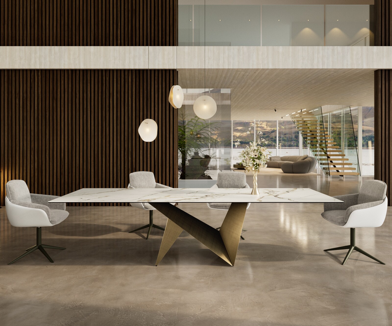 Stół do jadalni Edge 300x100cm ceramika Calacatta Luxe biało-złoto-szary rama Origami metaliczny złoty