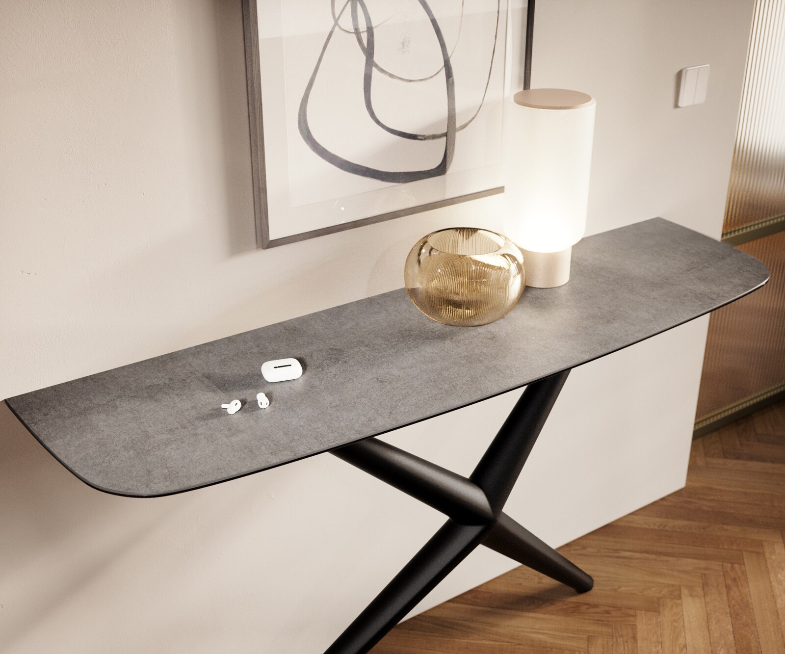 Konsola Edge w kształcie beczki 140x40 cm ceramika w kolorze betonowej szarości rama Estelo metal czarny 6