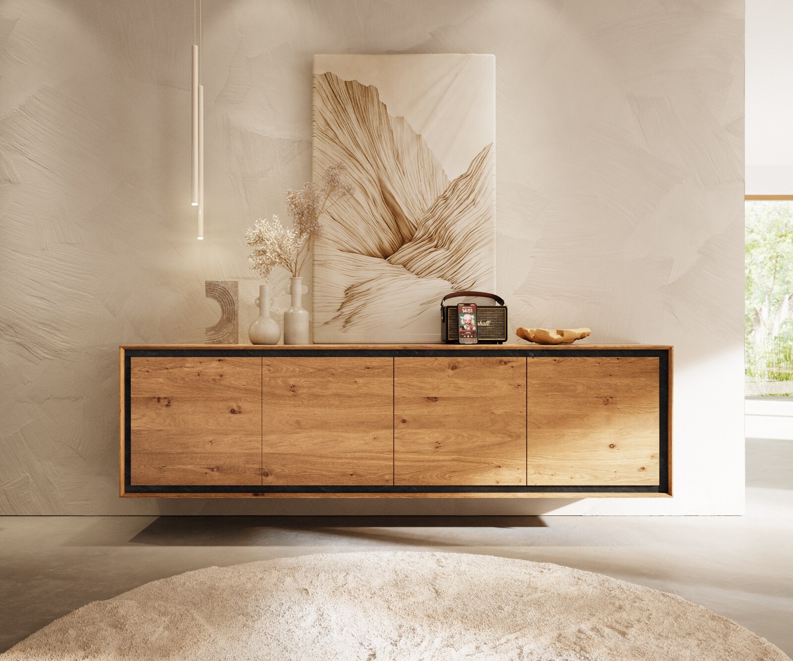 Komoda Stonegrace 200 cm dąb naturalny 4 drzwi fornir kamienny podwieszana 1