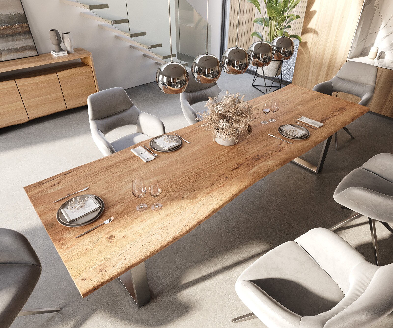 Stół do jadalni Edge 300x100cm akacja naturalna stal nierdzewna wąska rama live-edge 5