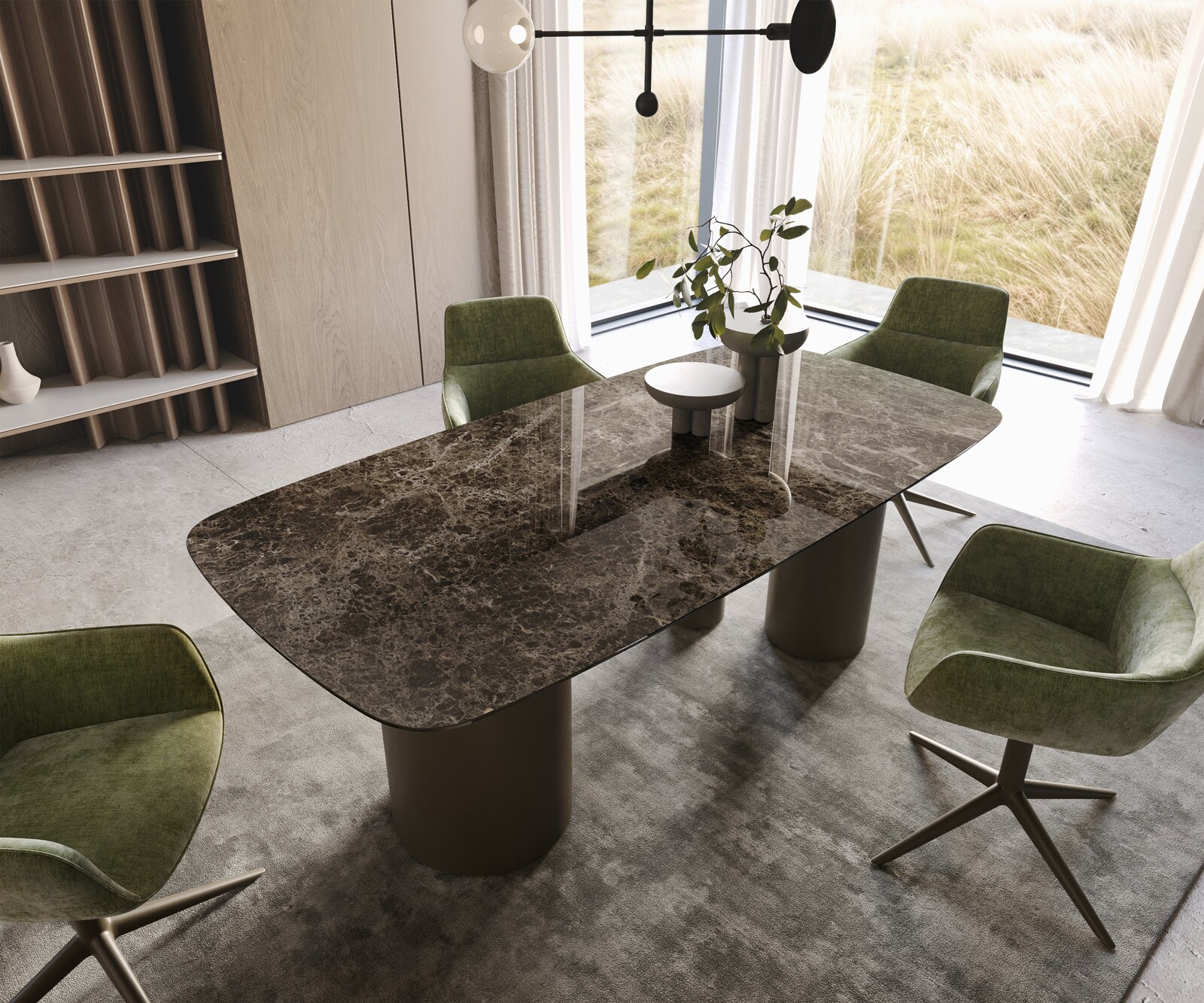 Stół do jadalni Edge kształt beczki 200x100cm ceramika Emperador Extra Lucidato ciemnobrązowy rama Troa metal kolor tytanowy 2