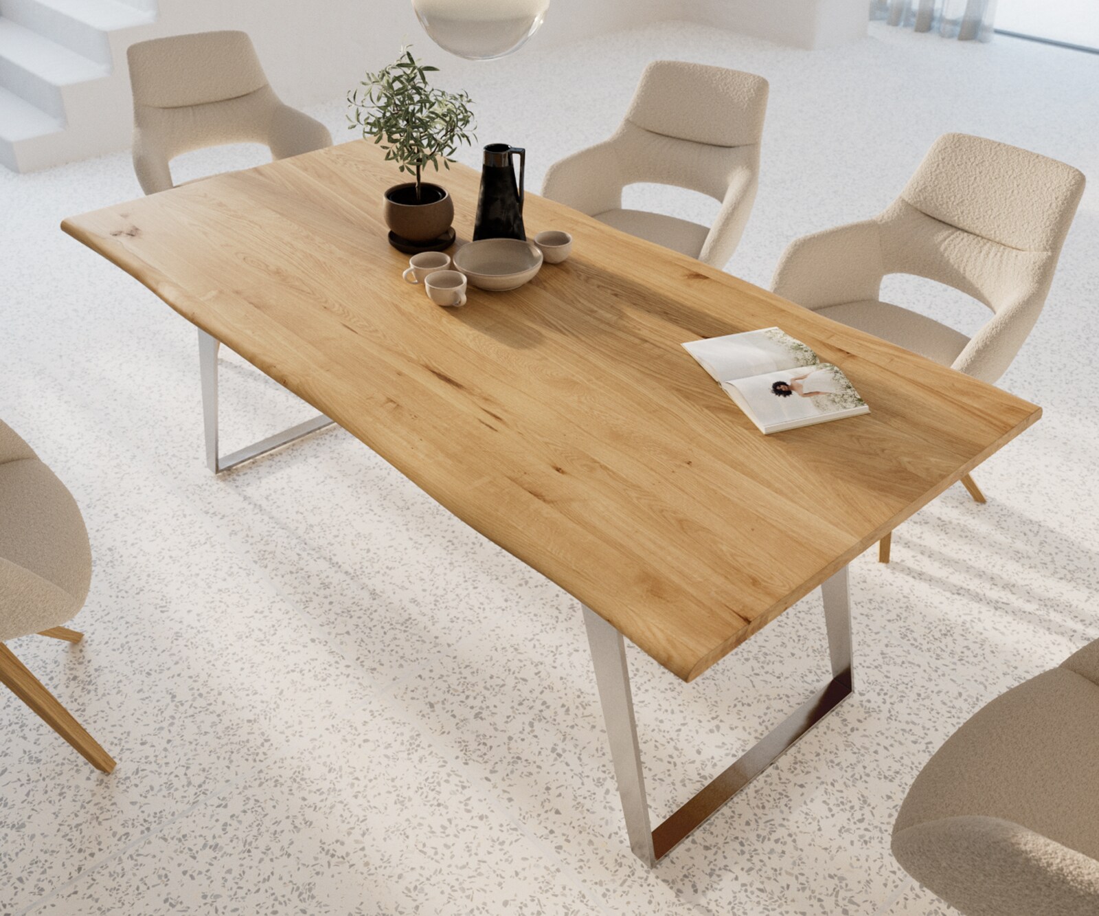 Stół do jadalni Edge 200x100x2,5-3 cm dąb naturalny stal nierdzewna rama pochylona live-edge 3