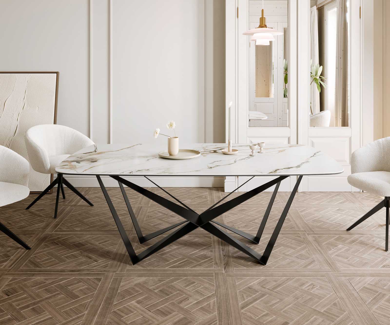 Stół do jadalni Edge kształt beczki 200x100cm ceramika Calacatta Luxe biało-złoto-szary rama Spider metal czarna 1