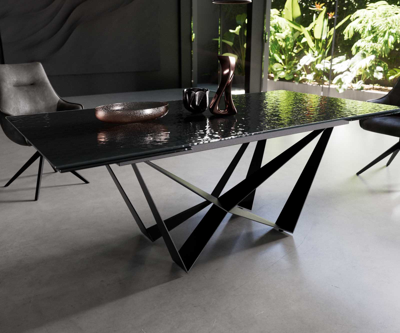 Stół do jadalni Edge 200-300x100 cm szkło reliefowe czarne efekt 3D rama Spider metal czarna rozkładany 5