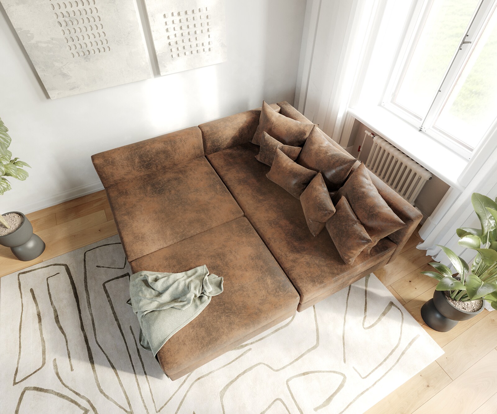 Sofa narożna Clovis brązowy antyczny sofa modułowa z pufem szezlong prawy 3