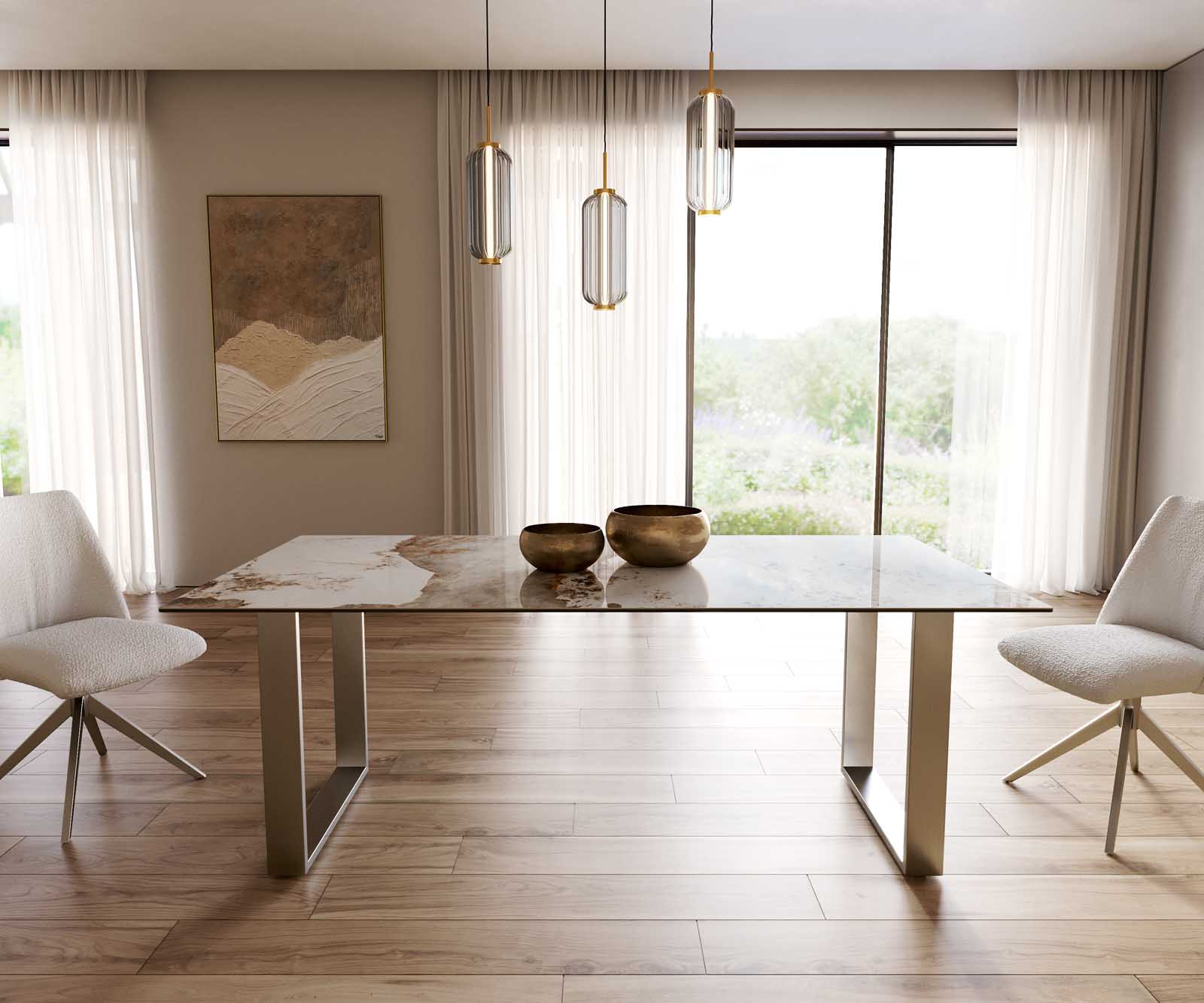 Stół do jadalni Edge 200x100 cm ceramika Minas Melange biało-beżowy stal nierdzewna wąska rama 1