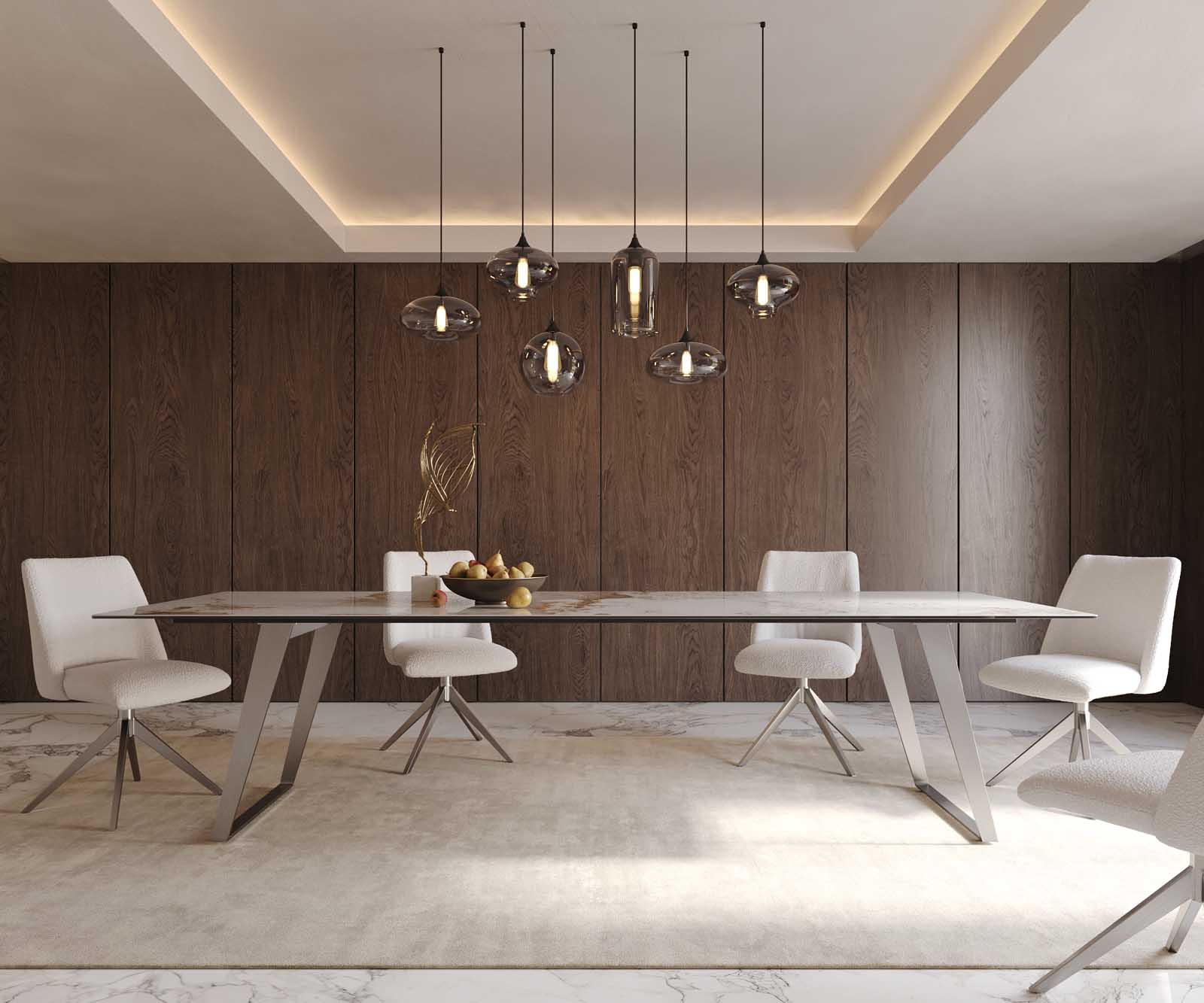 Stół do jadalni Edge 300x100cm ceramika Minas Melange biało-beżowy stal nierdzewna pochylona rama 1