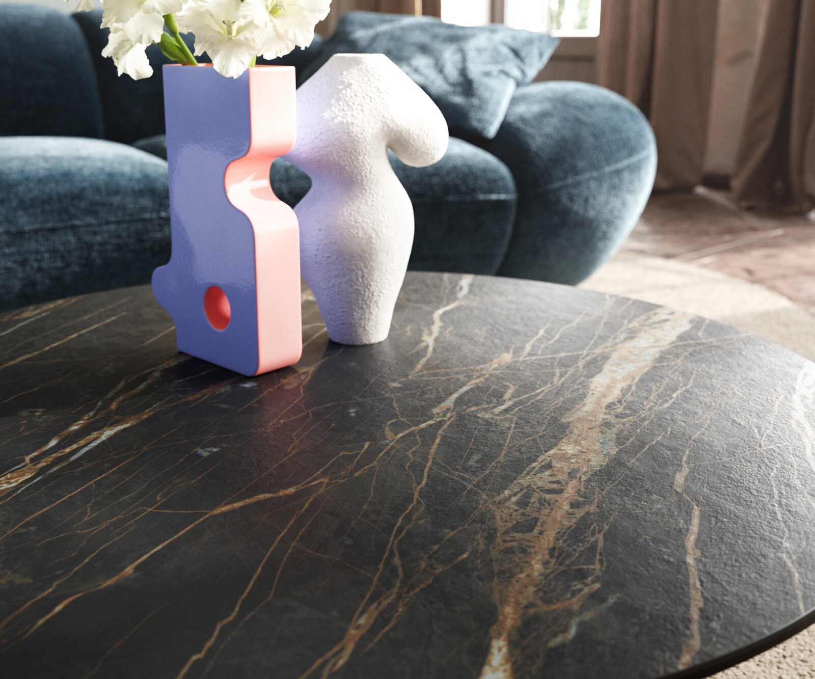 Stolik kawowy Edge okrągły 90x90 cm ceramika Laminam® Noir Desir brązowy Conis srebrny metaliczny 7