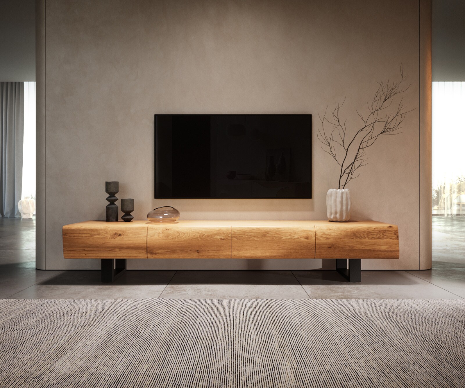 Szafka RTV New Live-Edge 200 cm dąb naturalny 4 drzwi nóżki płozowe metal czarny