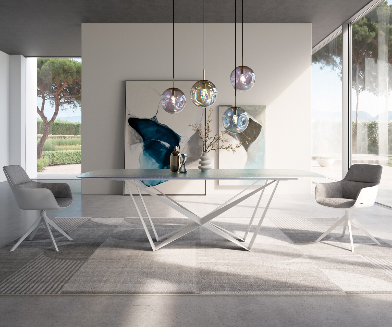 Stół do jadalni Edge w kształcie beczki 240x120 cm szkło reliefowe masa perłowa efekt 3D rama Spider metal biały 1