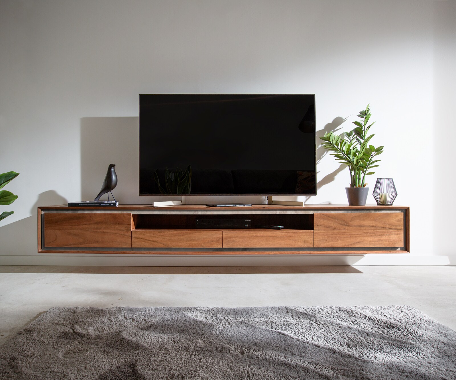 Szafka RTV Stonegrace 240 cm akacja brązowa 2 drzwi 2 szuflady 1 przegroda fornir kamienny podwieszana 1