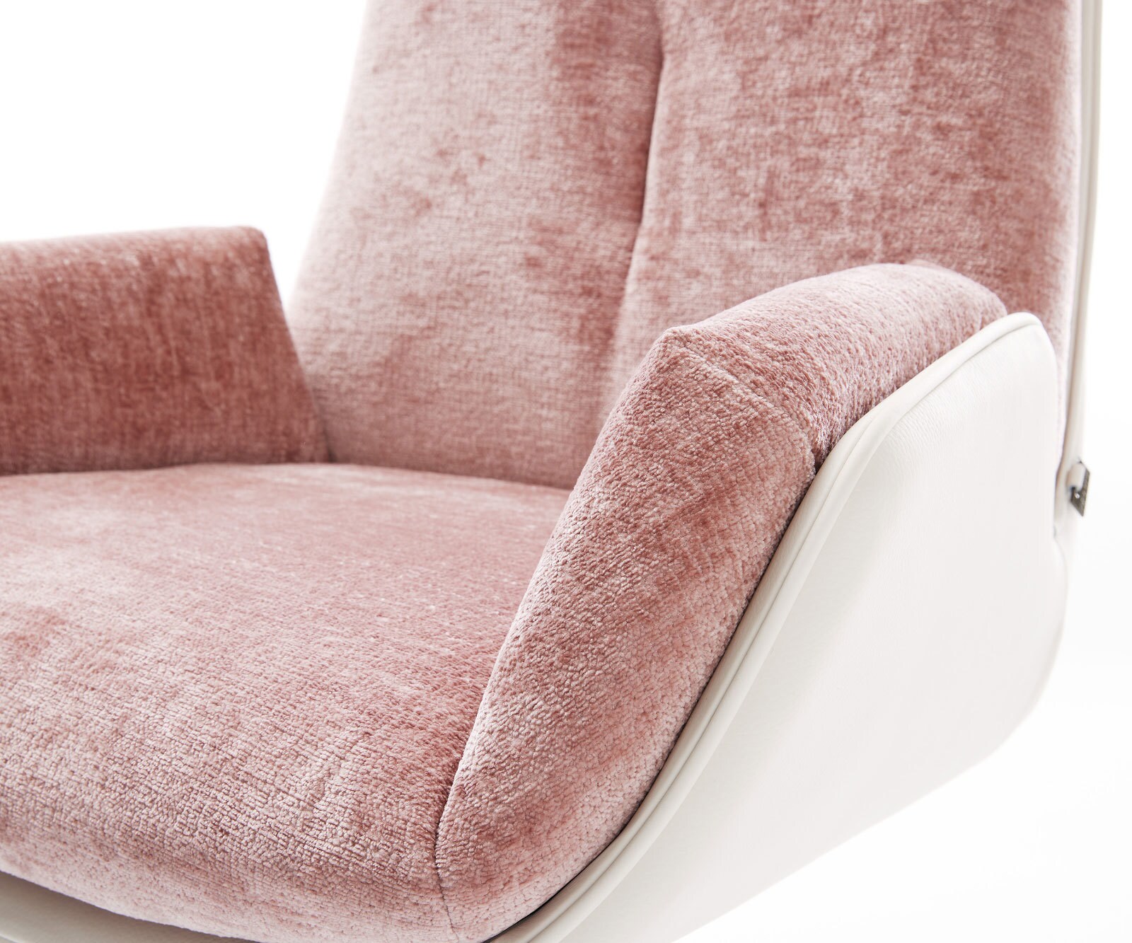Krzesło do jadalni Clea-Flex mieszanka materiałów skóra naturalna/szenil kolor biało-różowy rama krzyżowa szeroka biała obracane o 360° funkcja kołyski 3