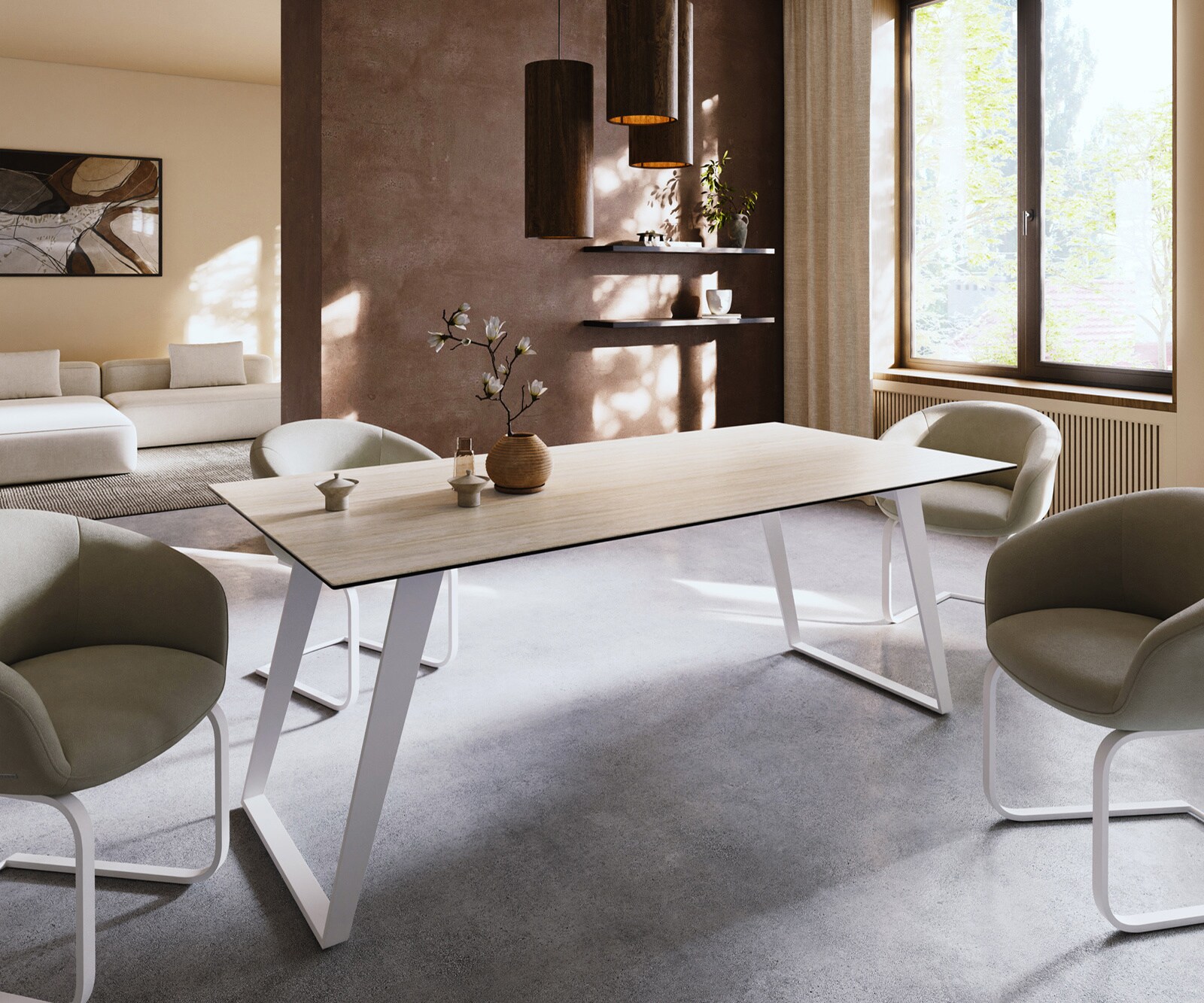 Stół do jadalni Edge 200x100cm ceramika Laminam® Travertino Bianco kremowo-biały metal pochylona rama biała 1