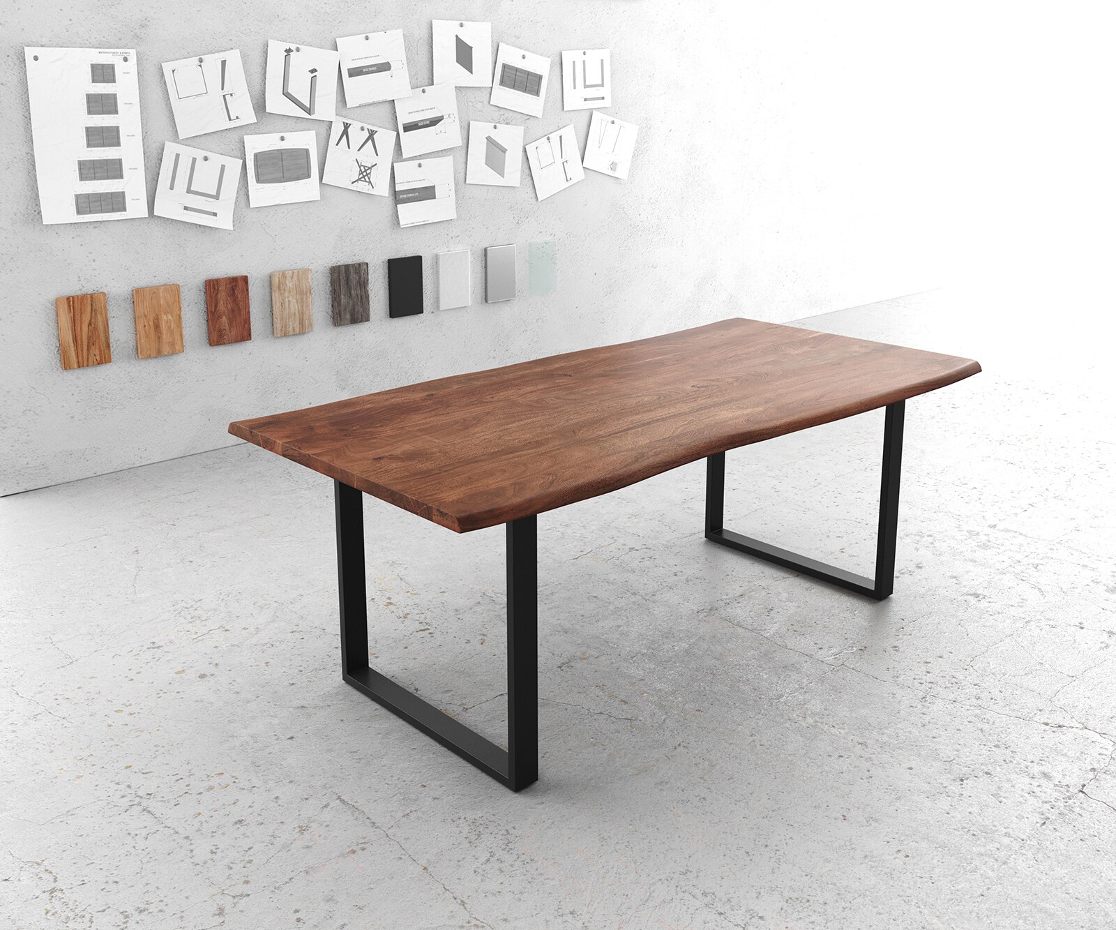 Stół do jadalni Edge 200x100 cm akacja brązowa metal wąska rama czarna live-edge
