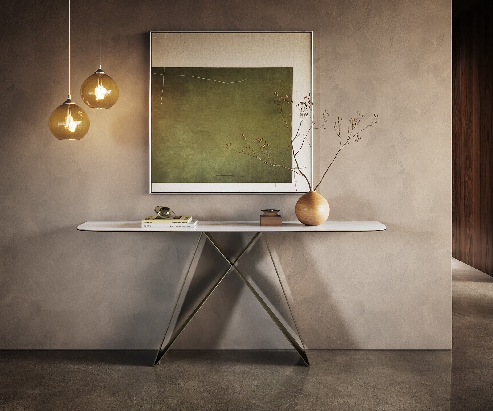 Konsola Edge w kształcie beczki 180x40 cm ceramika Onyx Pearl podstawa Velio metal w kolorze tytanu 1