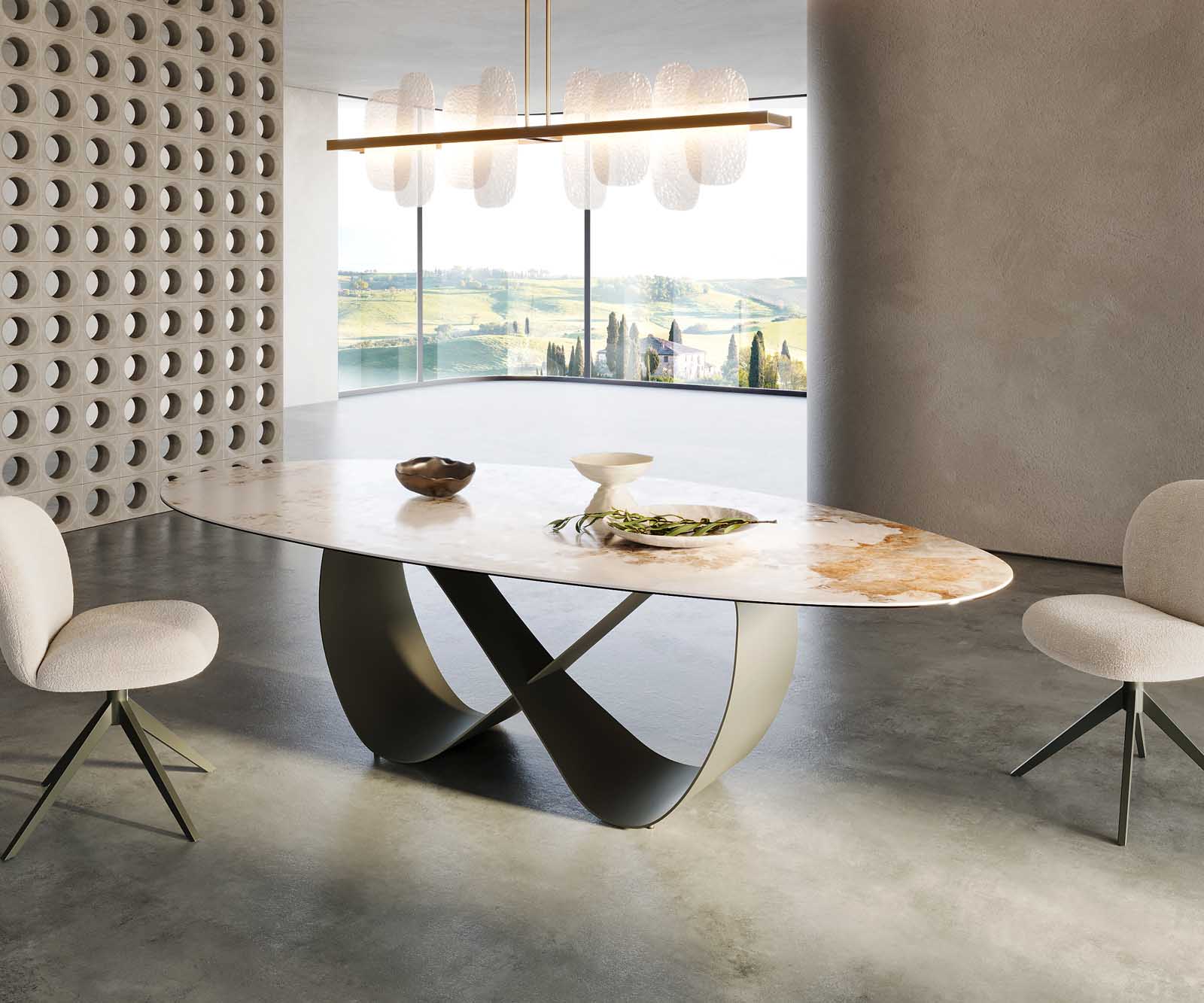 Stół do jadalni Edge owalny 280x130cm ceramika Minas Melange biało-beżowy rama Infinity metal kolor tytanowy 6