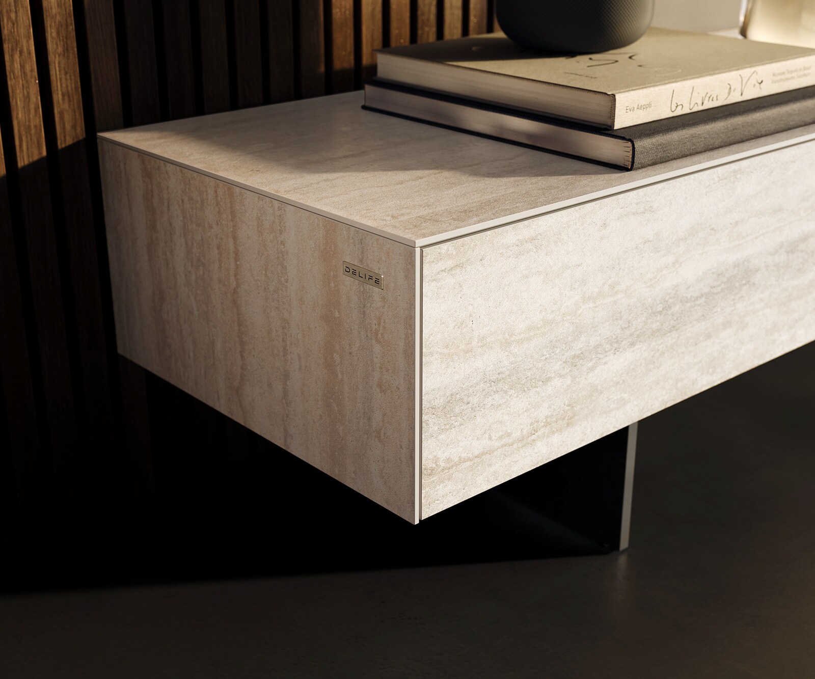 Szafka RTV Cuor 250 cm ceramika Laminam® Travertino Bianco kremowo-biała 1 klapa 1 szuflada nóżki wąskie czarny metal 6