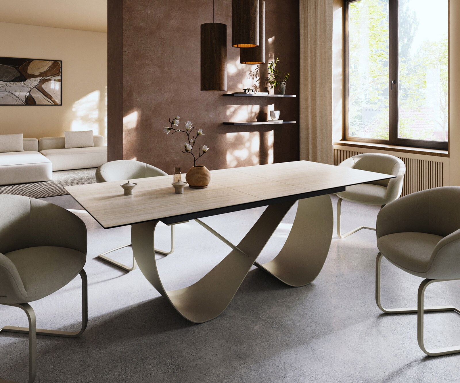 Stół do jadalni Edge 180-220x100cm ceramika Laminam® Travertino Bianco kremowo-biały rama Infinity metal kolor tytanowy rozkładany