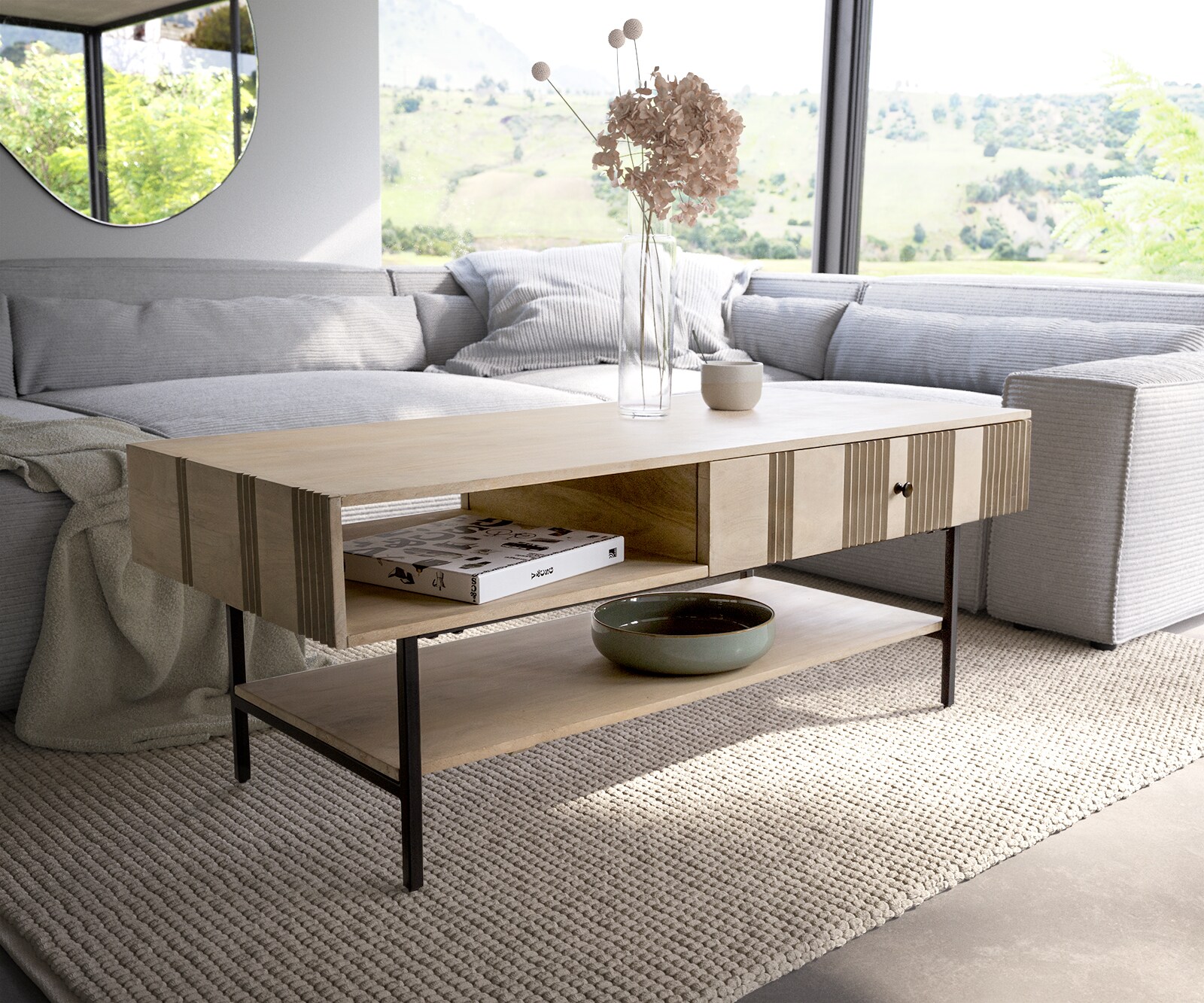 Stolik kawowy Nereos 130x60 cm mango kolor bielony metal czarny 1