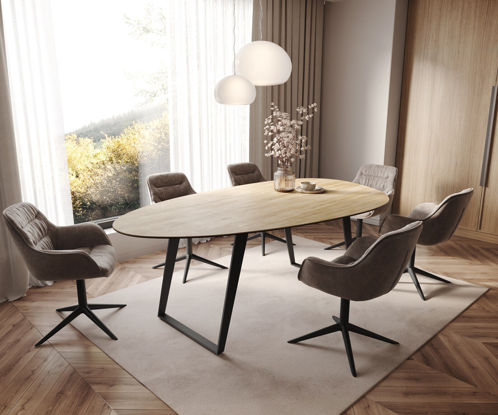 Stół do jadalni Edge owalny 220x120cm ceramika Laminam® Sabbia kolor dębowy rama pochylona metal czarny 6