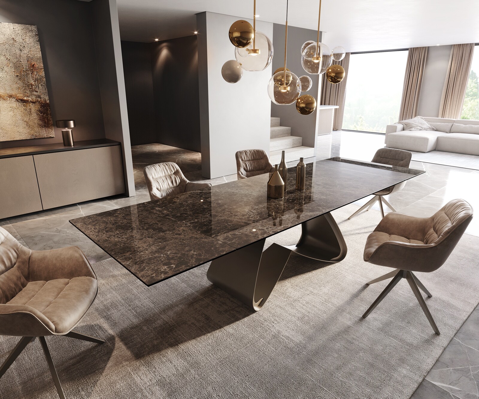 Stół do jadalni Edge 200-300x100 cm ceramika Emperador Extra Lucidato ciemnobrązowy rama W kolor tytanowy rozkładany