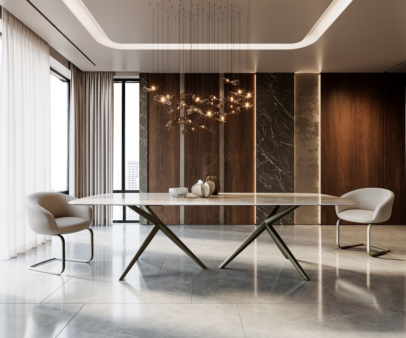 Stół do jadalni Edge kształt beczki 270x120cm ceramika Iris FMG Onice Grigio rama Estelar metal kolor tytanowy 4
