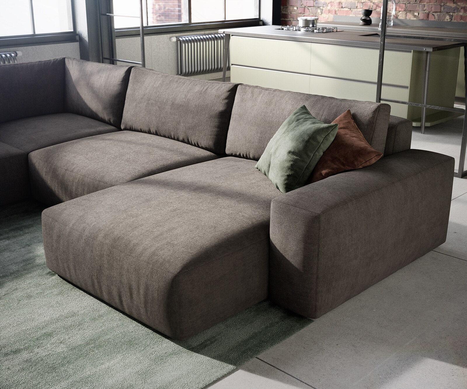 Zestaw wypoczynkowy Lanzo XL 360x260cm mikrofibra brąz khaki szezlong z możliwością zmiennego ustawienia 4