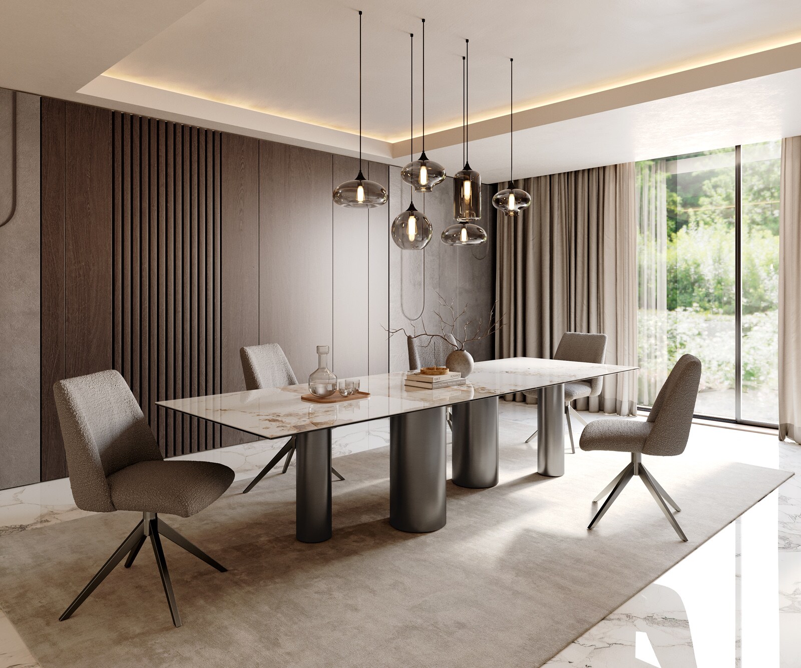 Stół do jadalni Edge 300x100cm ceramika Minas Melange biało-beżowy rama Pilier stal nierdzewna grafit 7