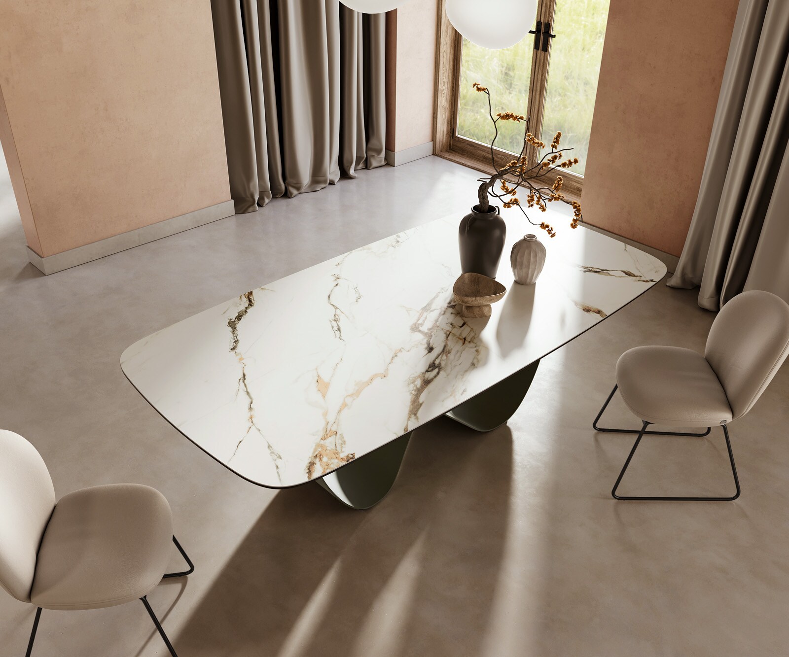 Stół do jadalni Edge kształt beczki 240x120cm ceramika Calacatta Luxe biało-złoto-szary rama Infinity metal kolor tytanowy 4