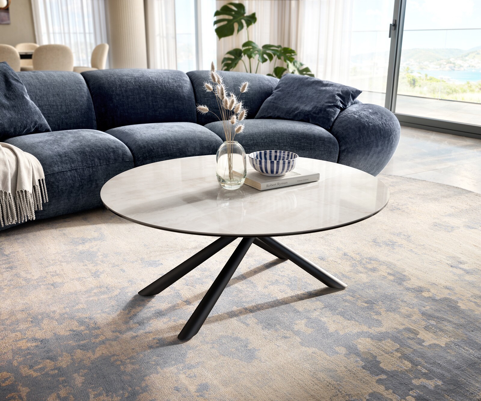 Stolik kawowy Edge okrągły 100x100 cm ceramika Onyx Champagne podstawa Sarity metal czarny 1