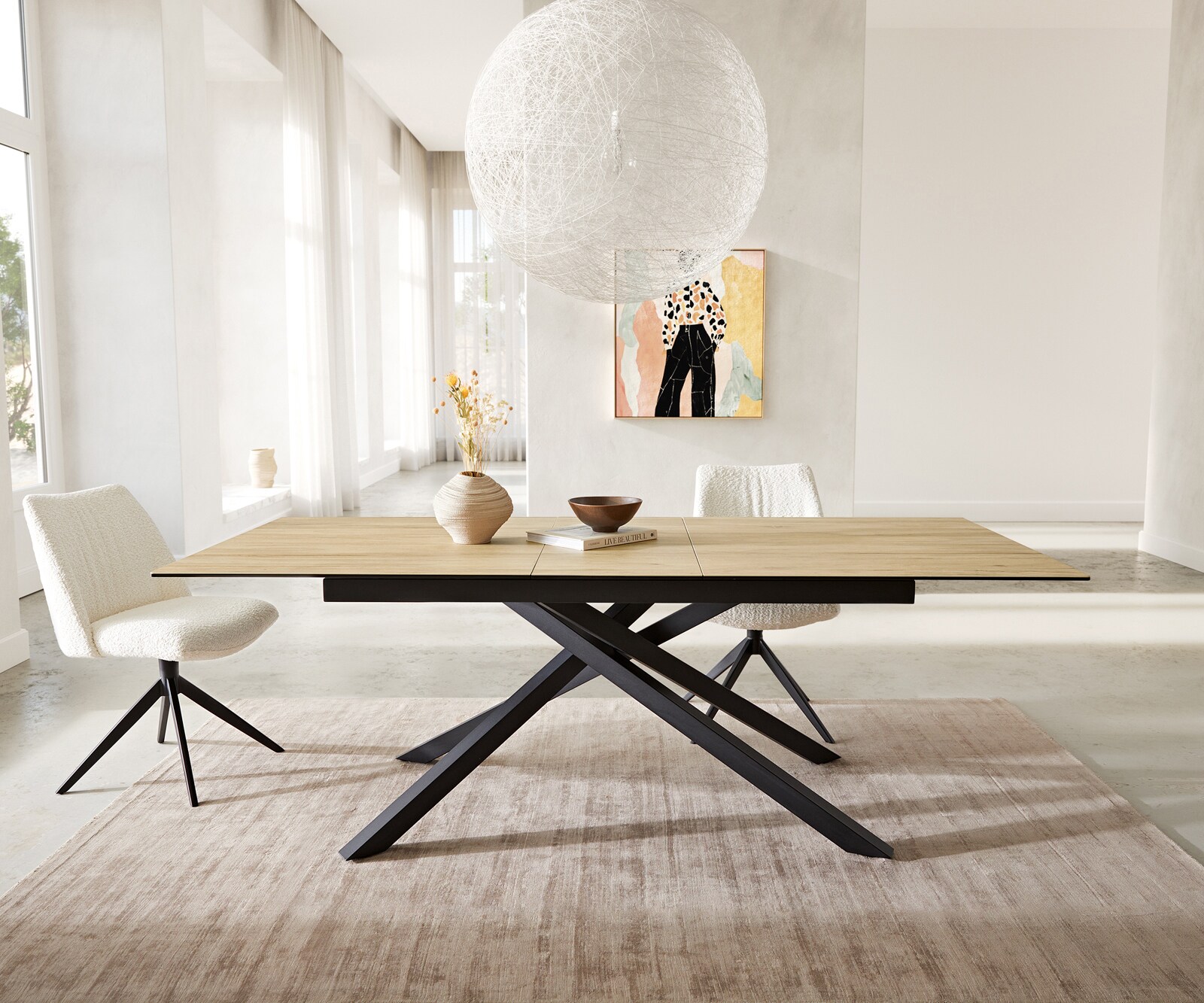 Stół do jadalni Edge 180-220x100 cm ceramika Laminam® Sabbia kolor dębu rama Cross czarna rozkładany 1
