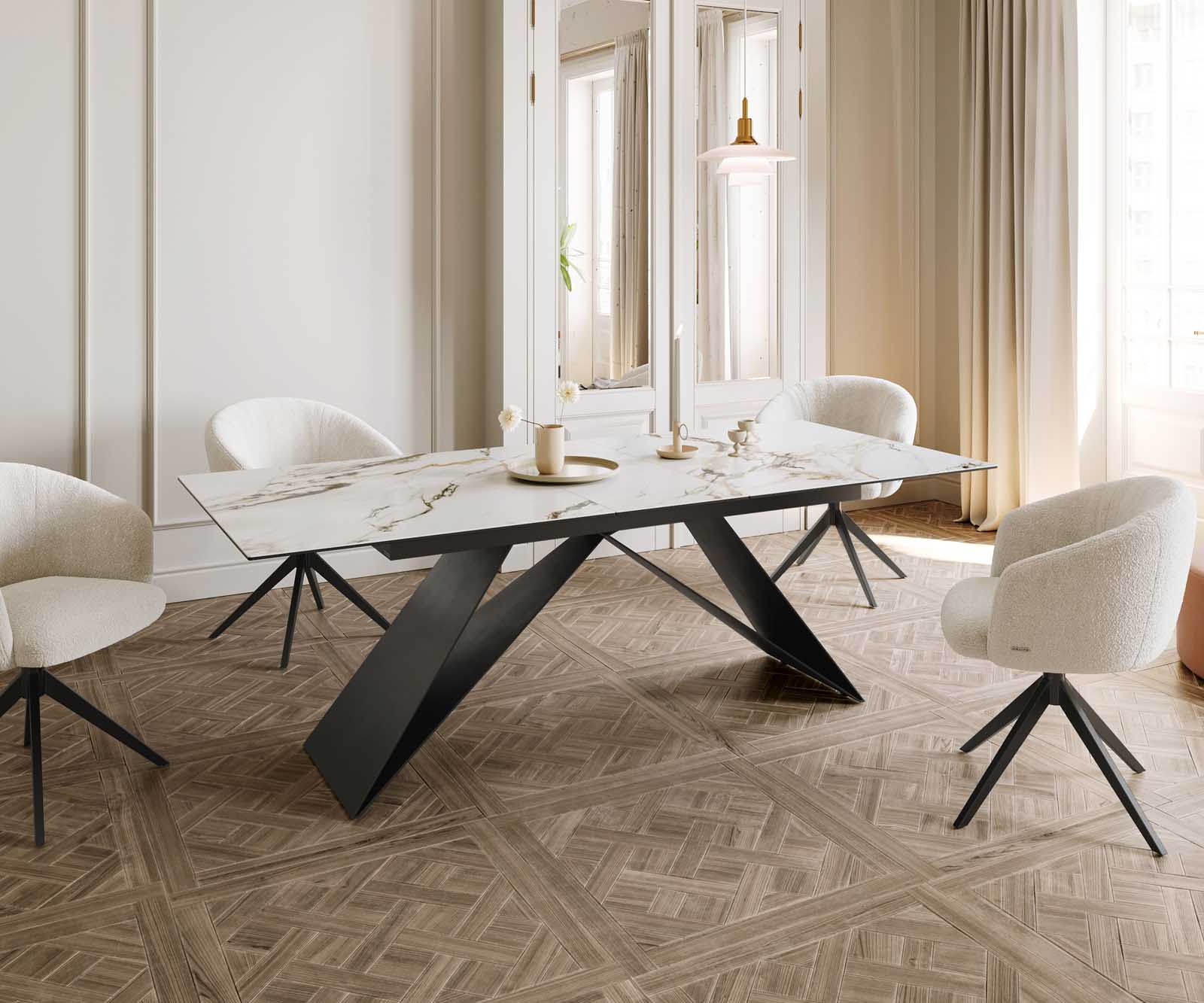 Stół do jadalni Edge 180-220x100 cm ceramika Calacatta Luxe biało-złoto-szary rama V metal czarna rozkładany 8