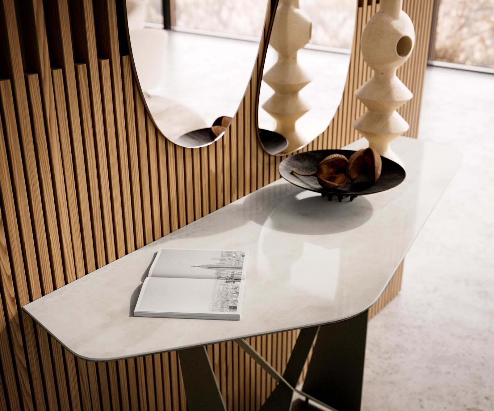 Konsola Edge wielokątna 140x50 cm ceramika Onyx Champagne podstawa Spios metal w kolorze tytanu 6