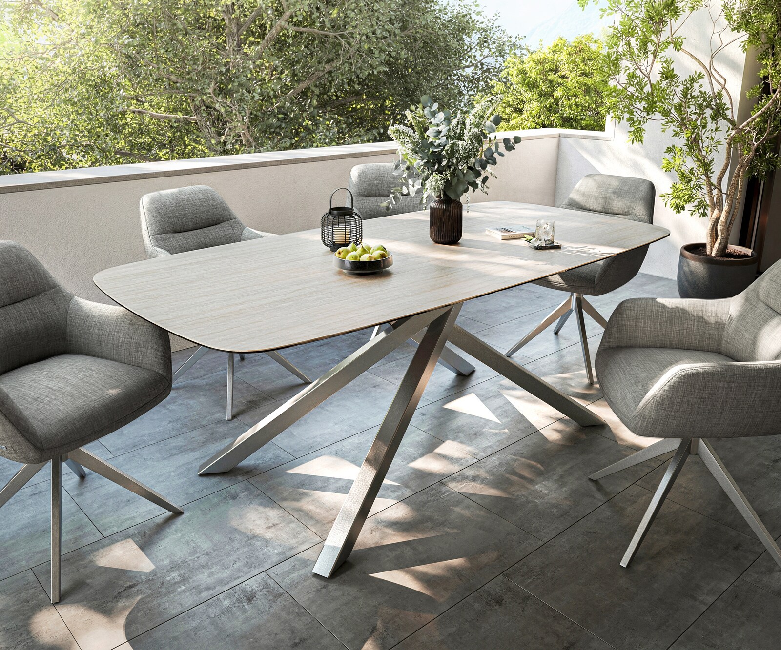 Stół ogrodowy Edge Boot 200x100 cm ceramika Laminam® Travertino Bianco kremowo-biały rama Cross stal nierdzewna