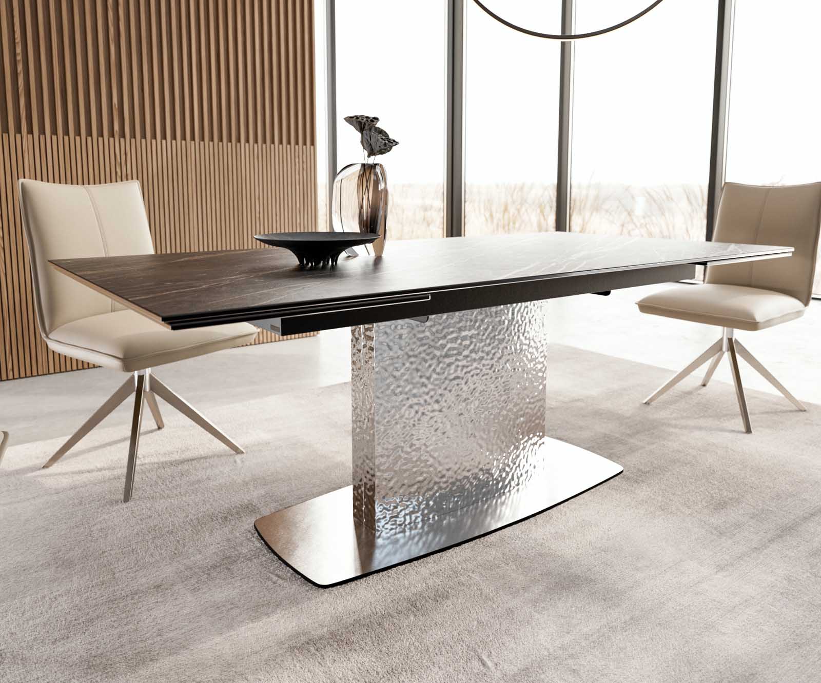 Stół do jadalni Edge 200-300x100 cm ceramika Laminam® Noir Desir brązowy rama Wave stal nierdzewna rozkładany 5