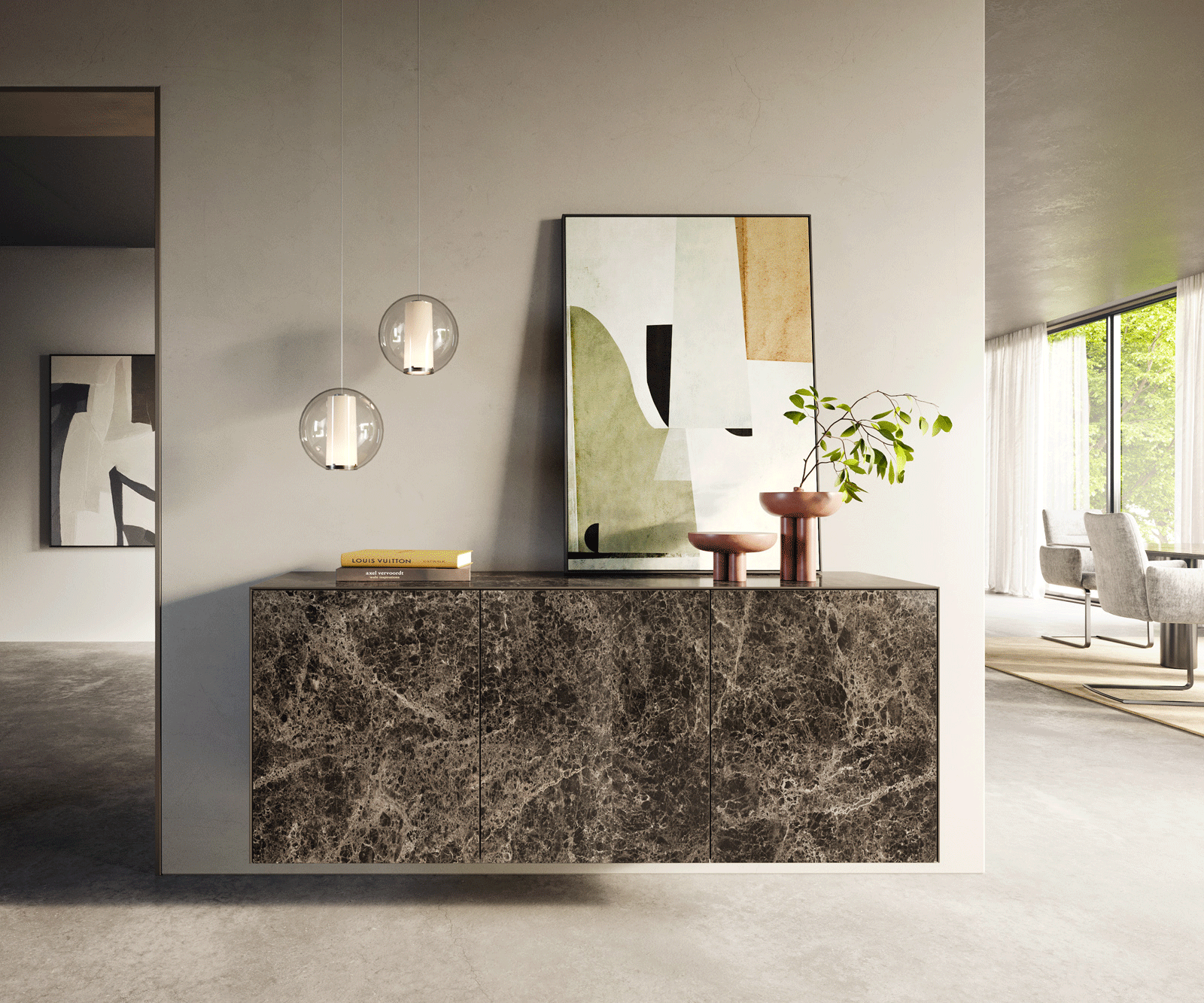 Komoda Cuor 150 cm ceramika Emperador Extra Lucidato ciemnobrązowa 3 drzwi podwieszana 1