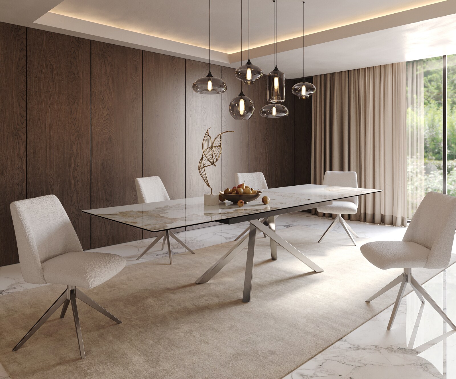 Stół do jadalni Edge 200-300x100 cm ceramika Minas Melange biało-beżowy rama Cross stal nierdzewna rozkładany 8