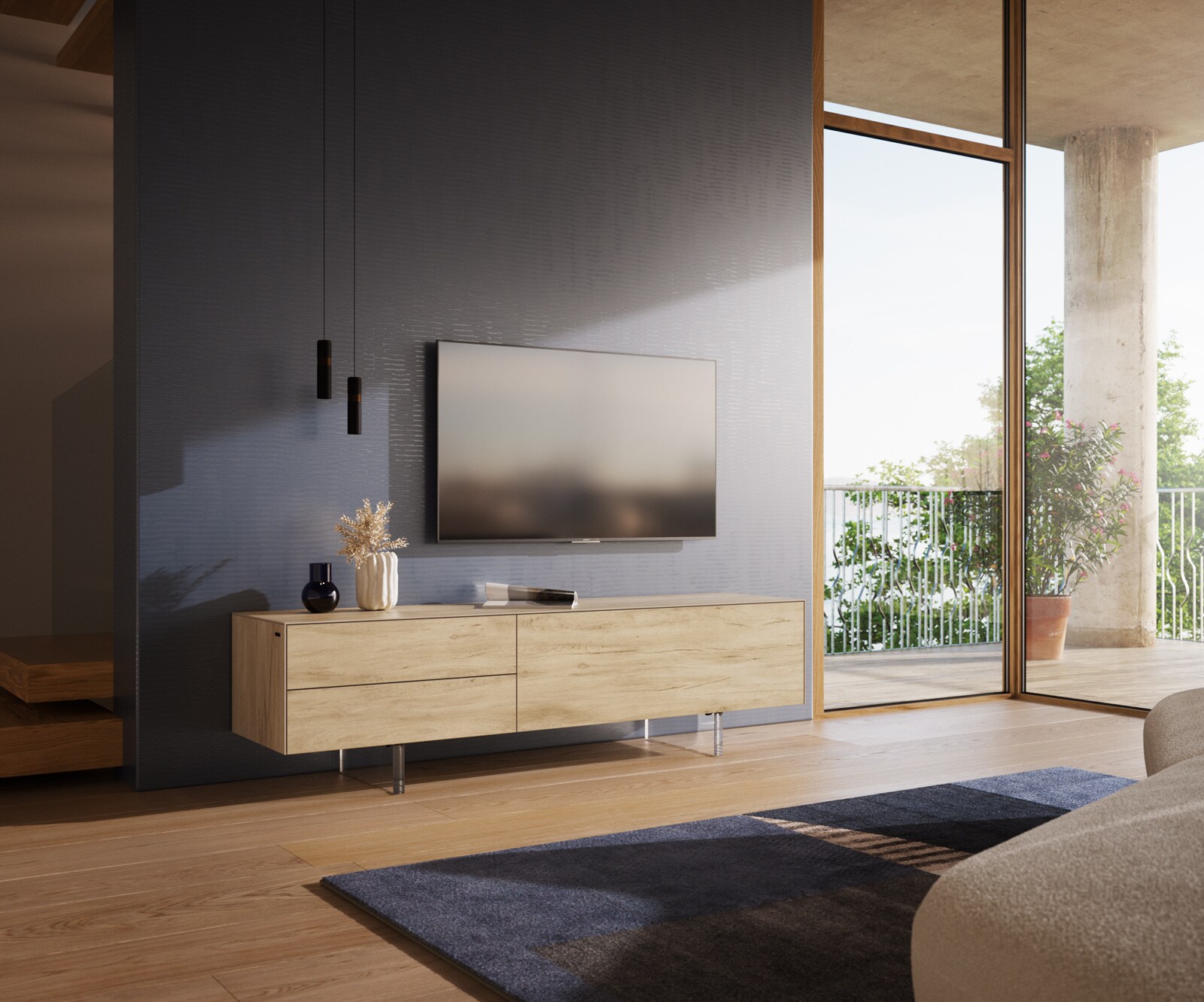 Szafka RTV Cuor 180 cm ceramika Laminam® Sabbia (kolor dębu) 1 klapa 2 szuflady nóżki akrylowe 1