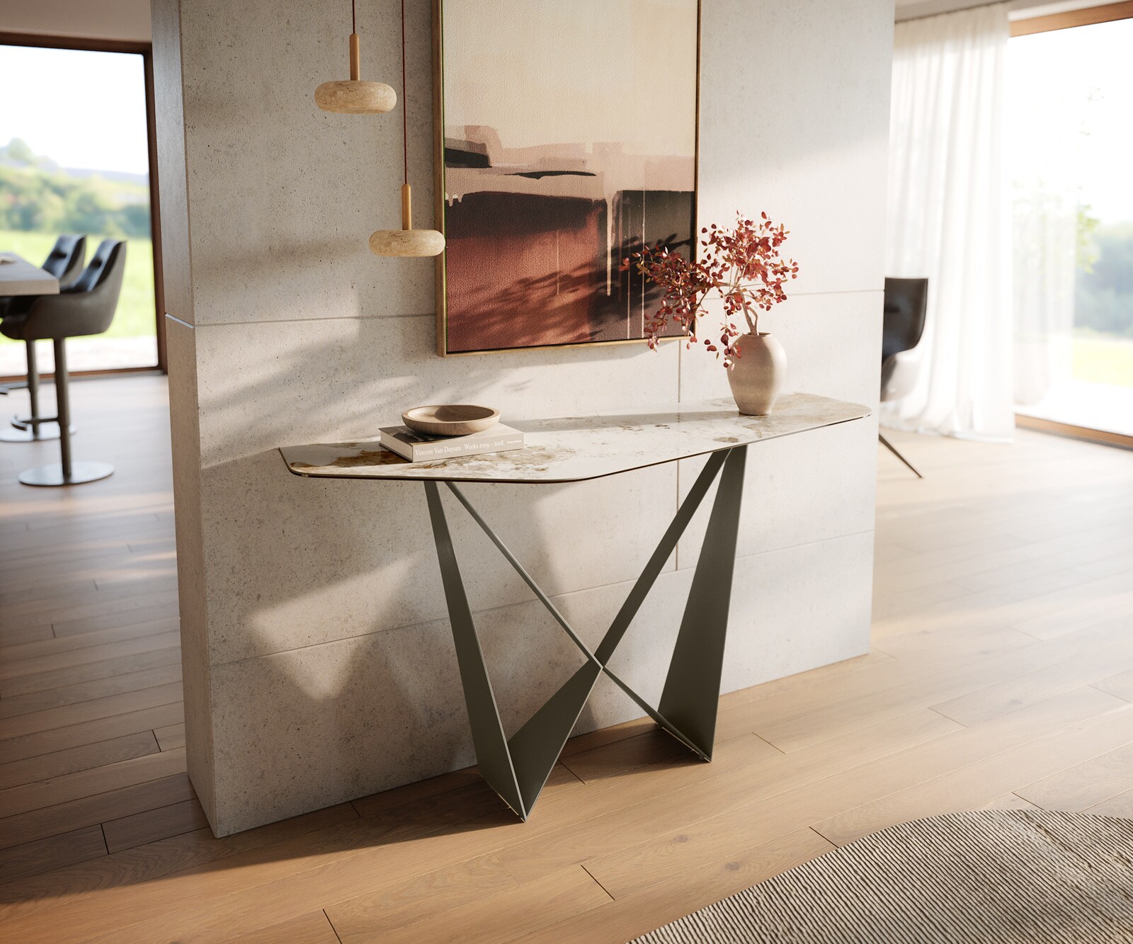Konsola Edge wielokątna 140x50 cm ceramika Minas Melange biało-beżowa podstawa Spios metal w kolorze tytanu 1