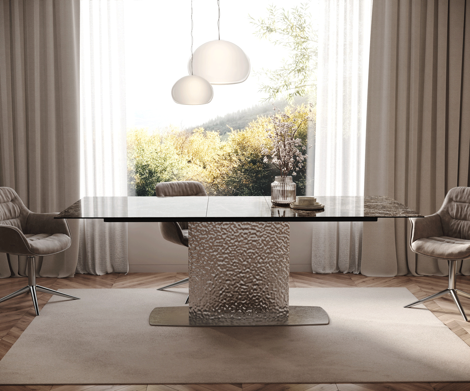 Stół do jadalni Edge 180-220x100cm ceramika Laminam® Emperador Extra Lucidato ciemnobrązowy rama Wave stal nierdzewna rozkładany 1