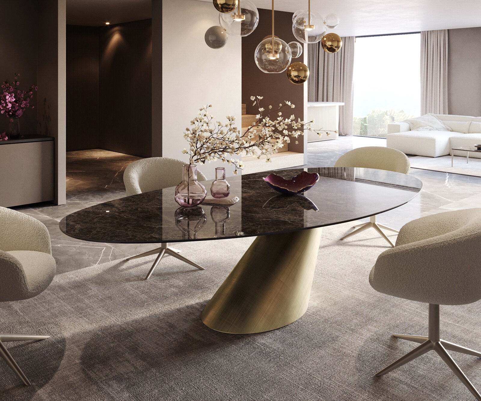 Stół do jadalni Edge owalny 280x130cm ceramika Emperador Extra Lucidato ciemnobrązowy rama Cono metaliczny złoty