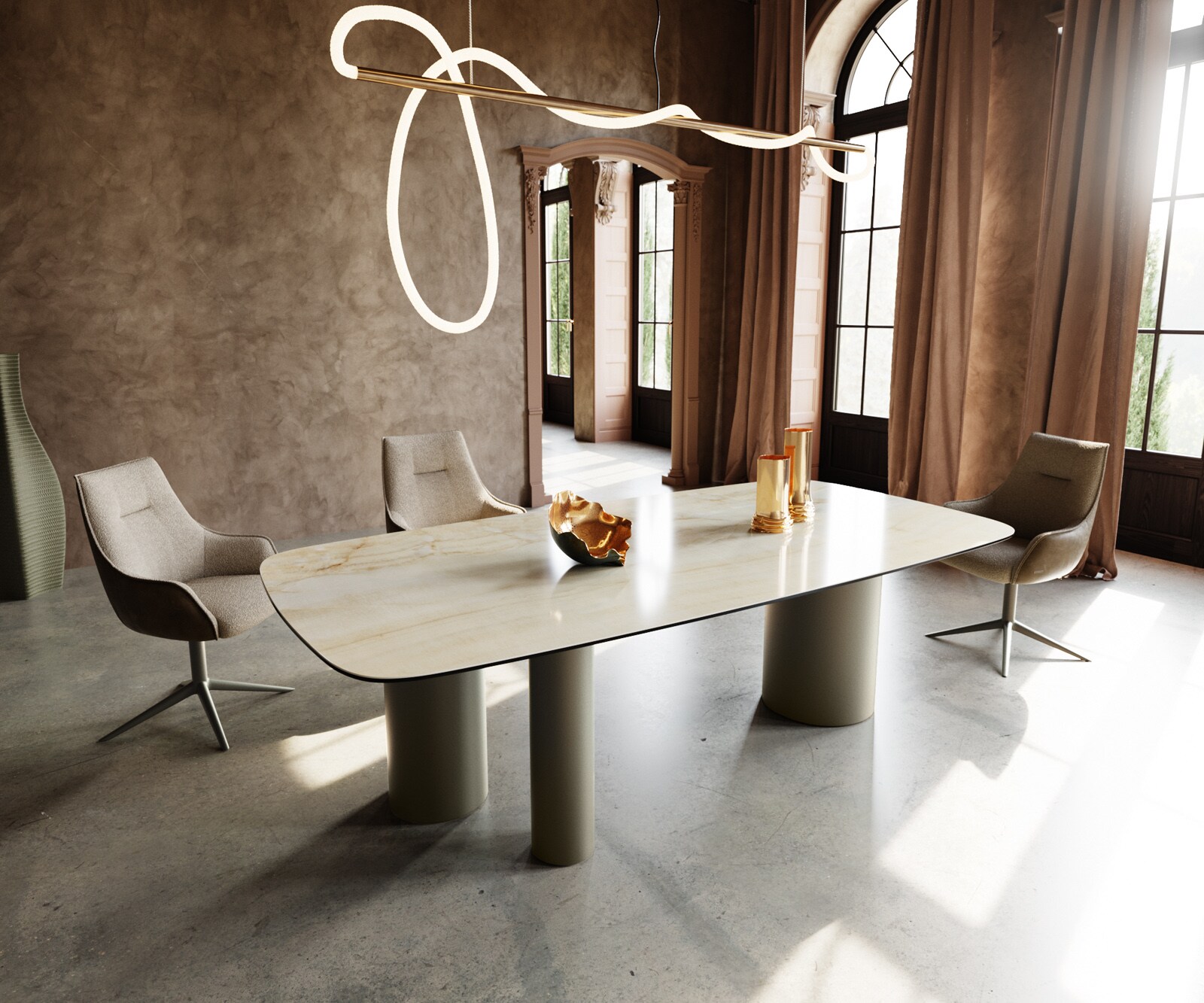 Stół do jadalni Edge kształt beczki 240x120cm ceramika Iris FMG Onice Oro rama Troa metal kolor tytanowy