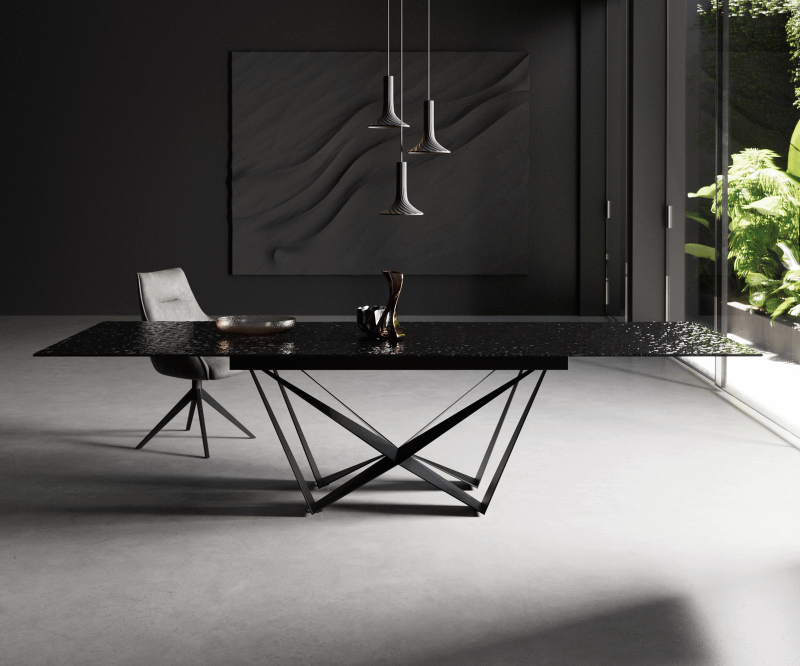 Stół do jadalni Edge 200-300x100 cm szkło reliefowe czarne efekt 3D rama Spider metal czarna rozkładany 2