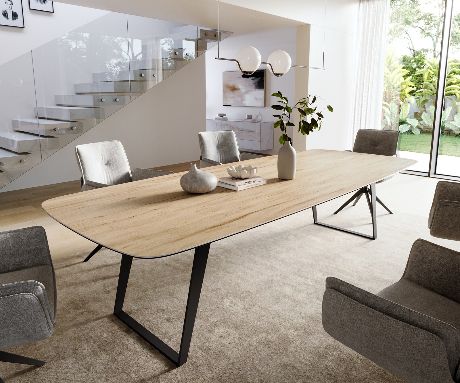 Stół do jadalni Edge w kształcie beczki 300x120 cm ceramika Laminam® Sabbia w kolorze dębu rama pochylona metal czarny 1