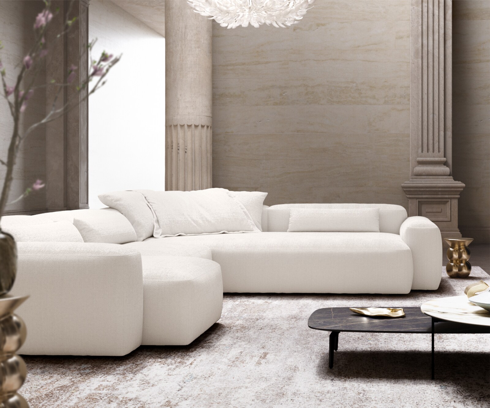 Sofa w kształcie litery U Freestyle 360x290 cm miękka tkanina bouclé beżowa szew płaski 4