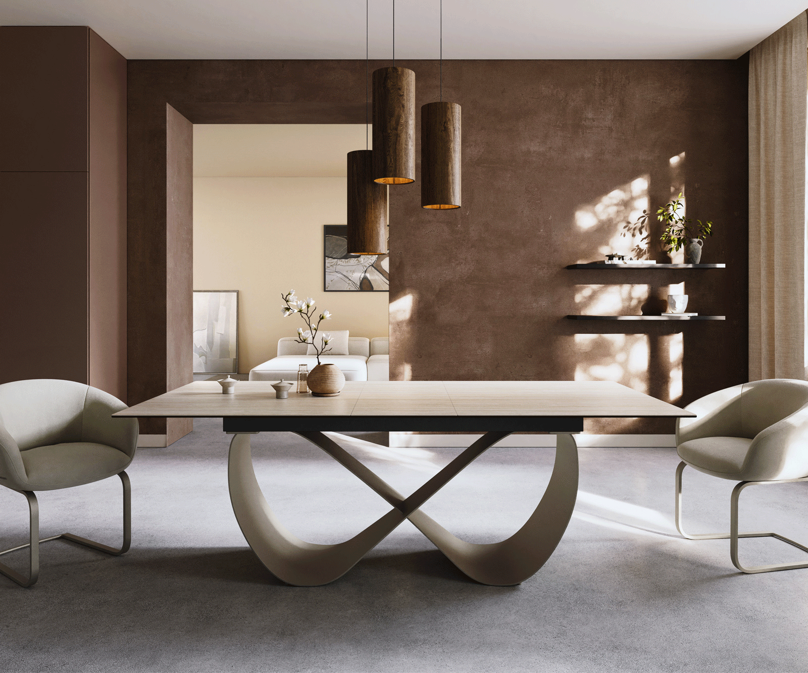 Stół do jadalni Edge 180-220x100cm ceramika Laminam® Travertino Bianco kremowo-biały rama Infinity metal kolor tytanowy rozkładany 1
