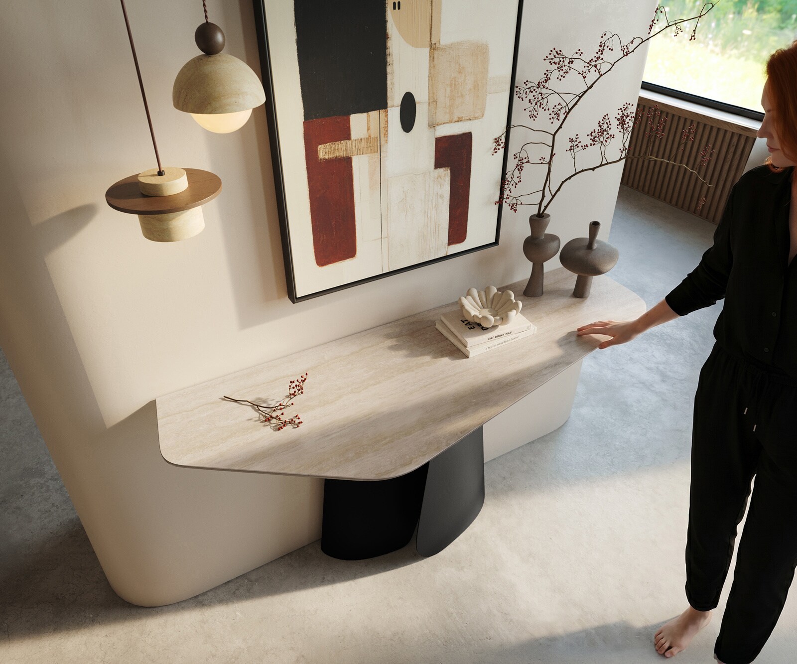 Konsola Edge wielokątna 140x50 cm ceramika Laminam® Travertino Bianco kremowo-biały podstawa Livos metal czarny 2