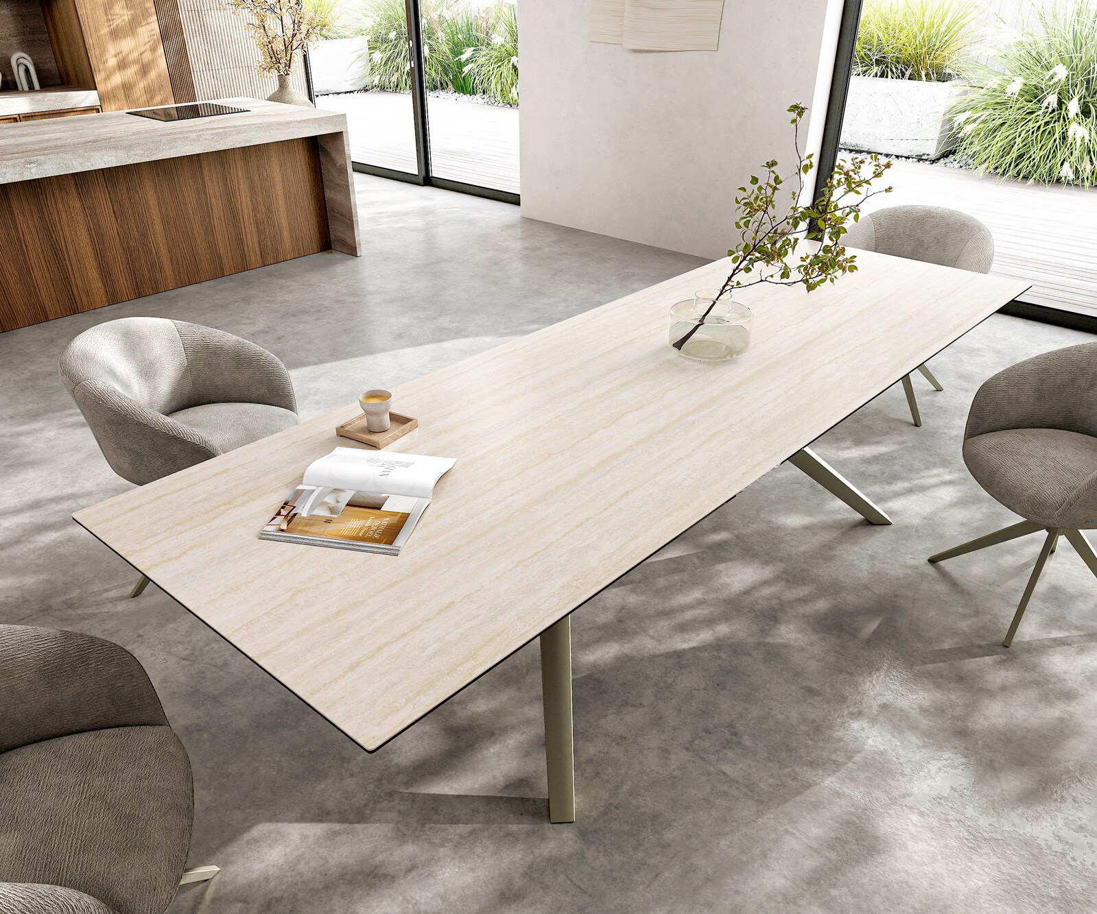 Stół do jadalni Edge 300x100cm ceramika Laminam® Travertino Bianco kremowo-biały rama Zenthara metal kolor tytanowy 3
