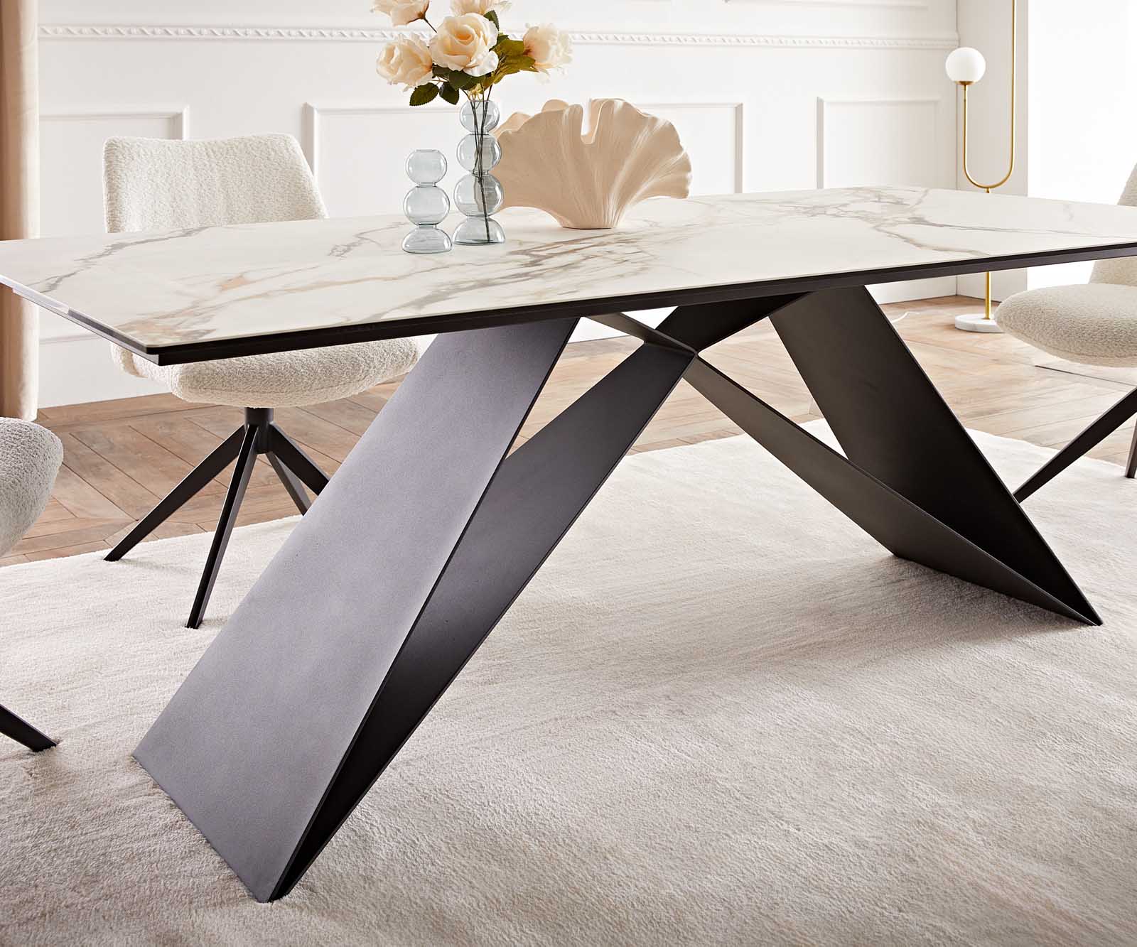 Stół do jadalni Edge 200x100 cm ceramika Calacatta Luxe biało-złoto-szary rama V metal czarna 6