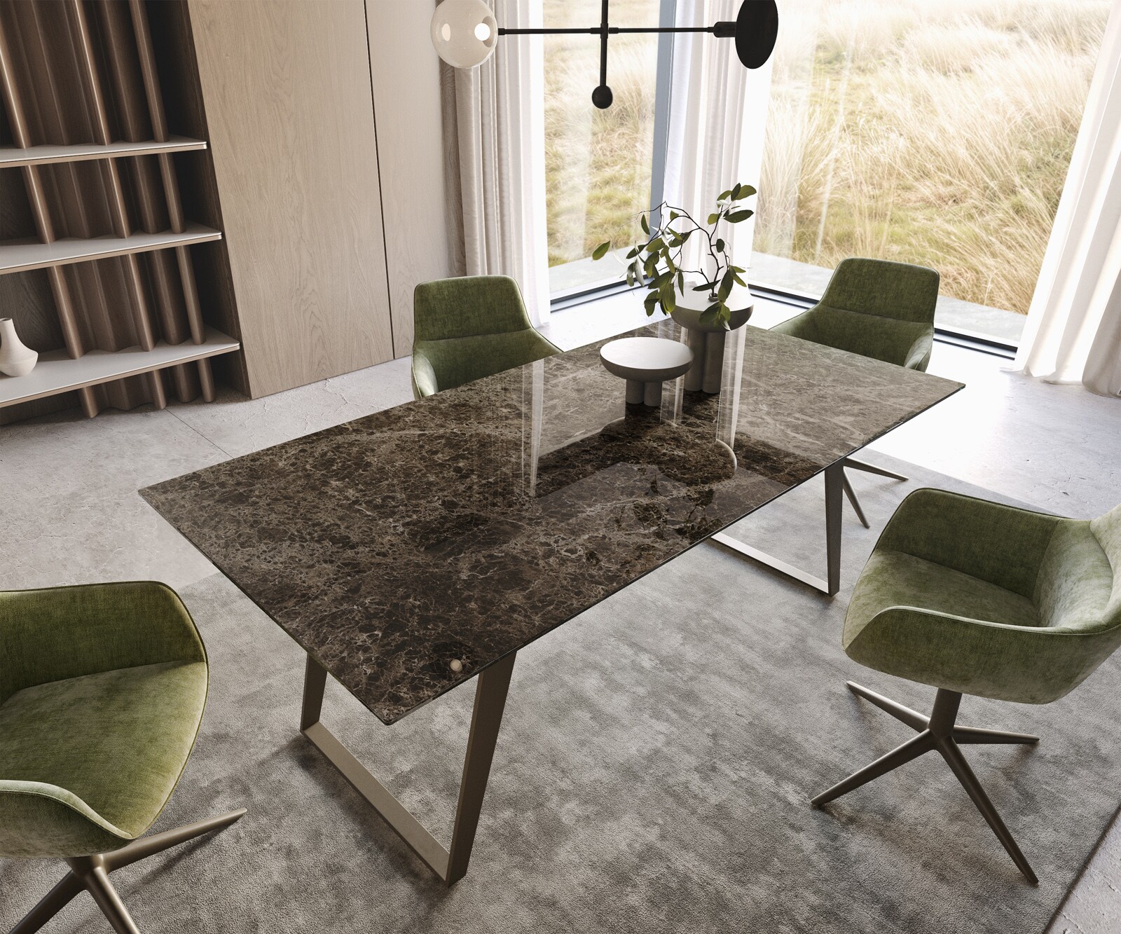 Stół do jadalni Edge 200x100 cm ceramika Emperador Extra Lucidato ciemnobrązowa pochylona rama metal kolor tytanowy 2